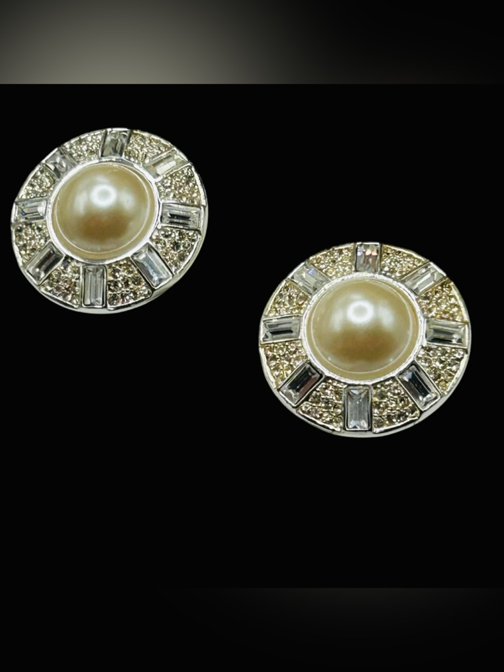 Vintage Napier Faux Mabe’ Pearl Baguette Rhinestone Comfort Clip Earrings